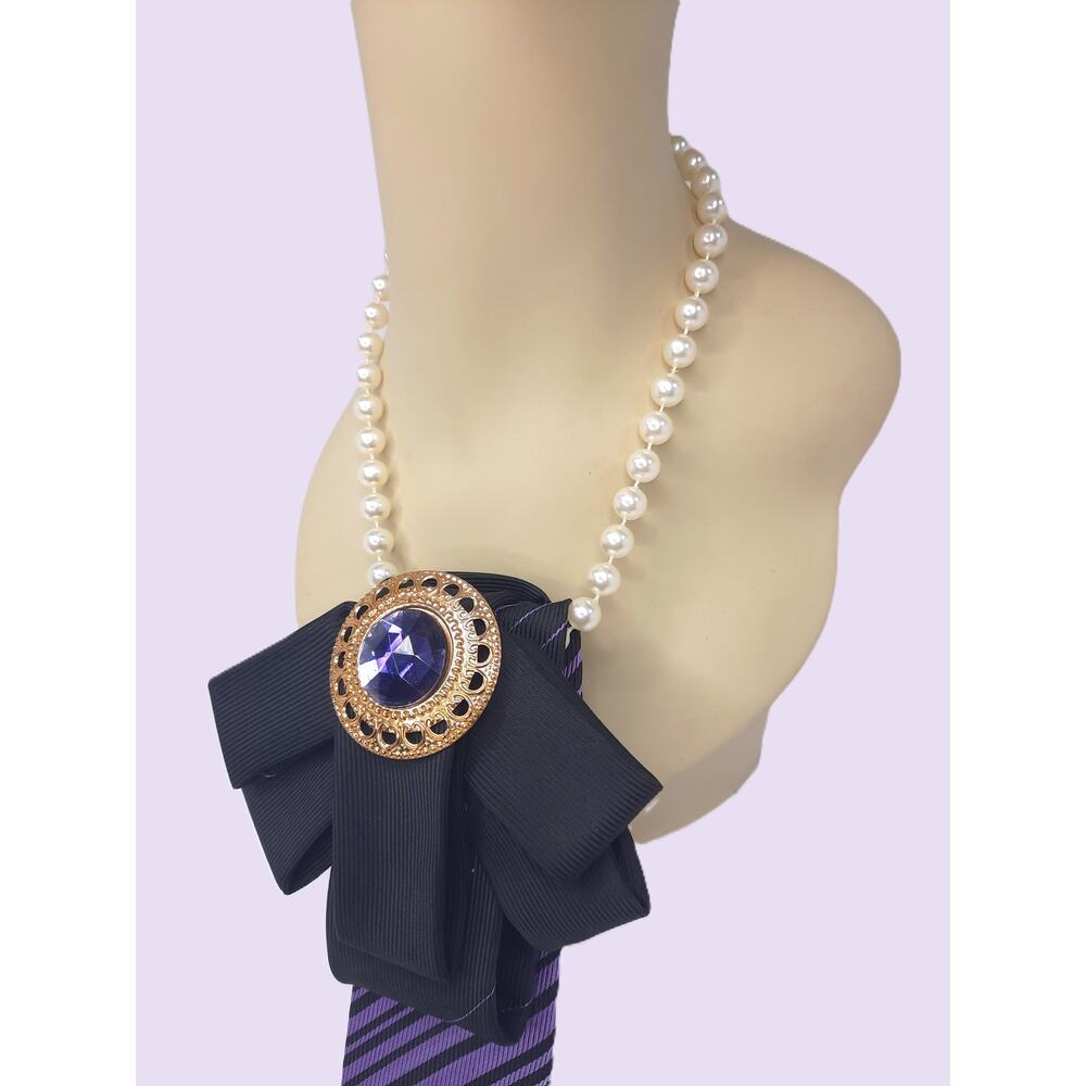 Artisan Vintage Tie Necklace Upcycled Black Purple Gold Jewel Accent Faux Pearls - Picture 6 of 8